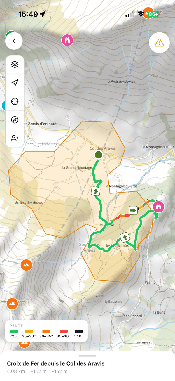 Route & terrain slopes to the degree