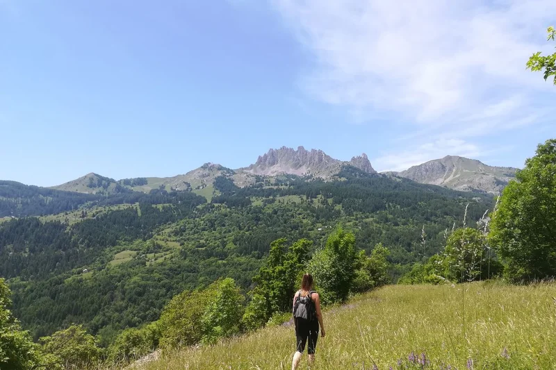 Passage dans un prés avec vue sur le Pic de Chabrières · © amelie.vallier